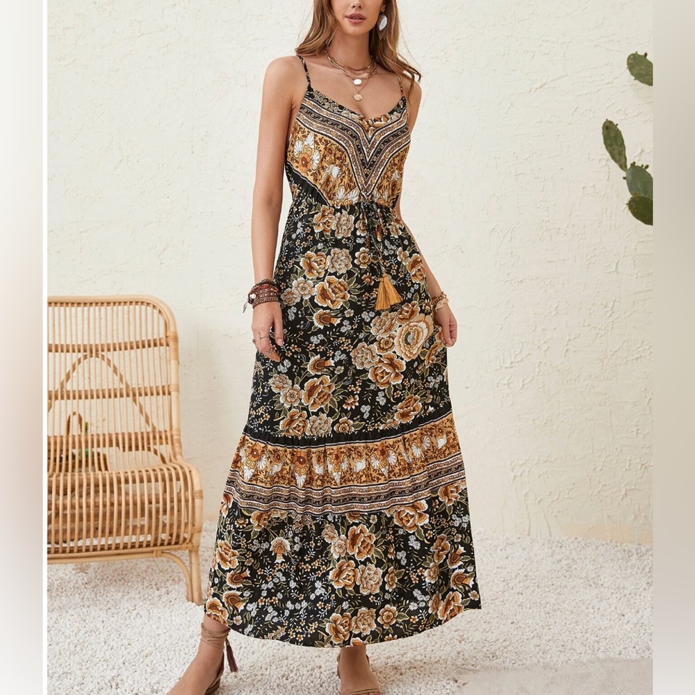Boho Floral Print Drawstring Waist Fringed Ruffle Hem Cami Dress
